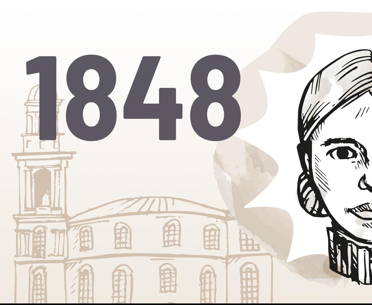 Grafisch gestaltetes Bild mit der Zahl 1848, Zeichnung der Paulskirche in Frankfurt am Main und angedeutetem Porträt einer Frau; Link zur Unterseite über die Revolutionen von 1848.