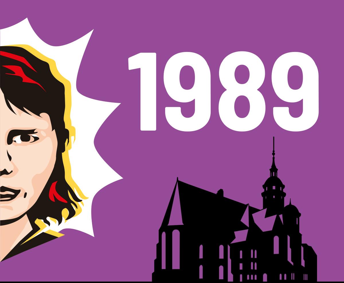 Grafisch gestaltetes Bild mit der Zahl 1989, lilafarbenem Hintergrund, stilisiertem Porträt einer Frau links und schwarzer Silhouette der Nikolaikirche in Leipzig; Link zur Unterseite über die Ereignisse von 1989