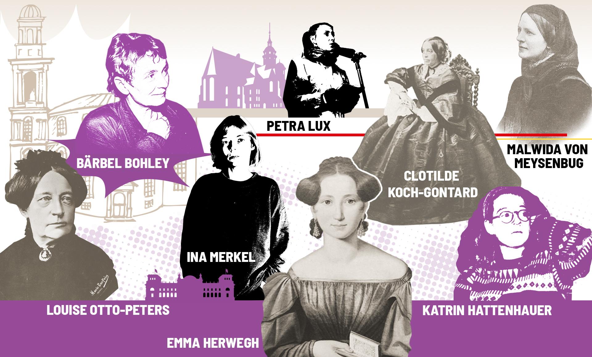 Bildcollage mit Porträts von acht bedeutenden Frauen aus Frauenbewegung und Bürgerrechtsgeschichte – Bärbel Bohley, Petra Lux, Malwida von Meysenbug, Clotilde Koch-Gontard, Louise Otto-Peters, Ina Merkel, Emma Herwegh und Katrin Hattenhauer – vor gezeichneten Stadt- und Gebäudemotiven in Beige und Lila, teils farblich hinterlegt oder in Schwarz-Weiß, mit Namen in weißen Großbuchstaben eingeblendet.