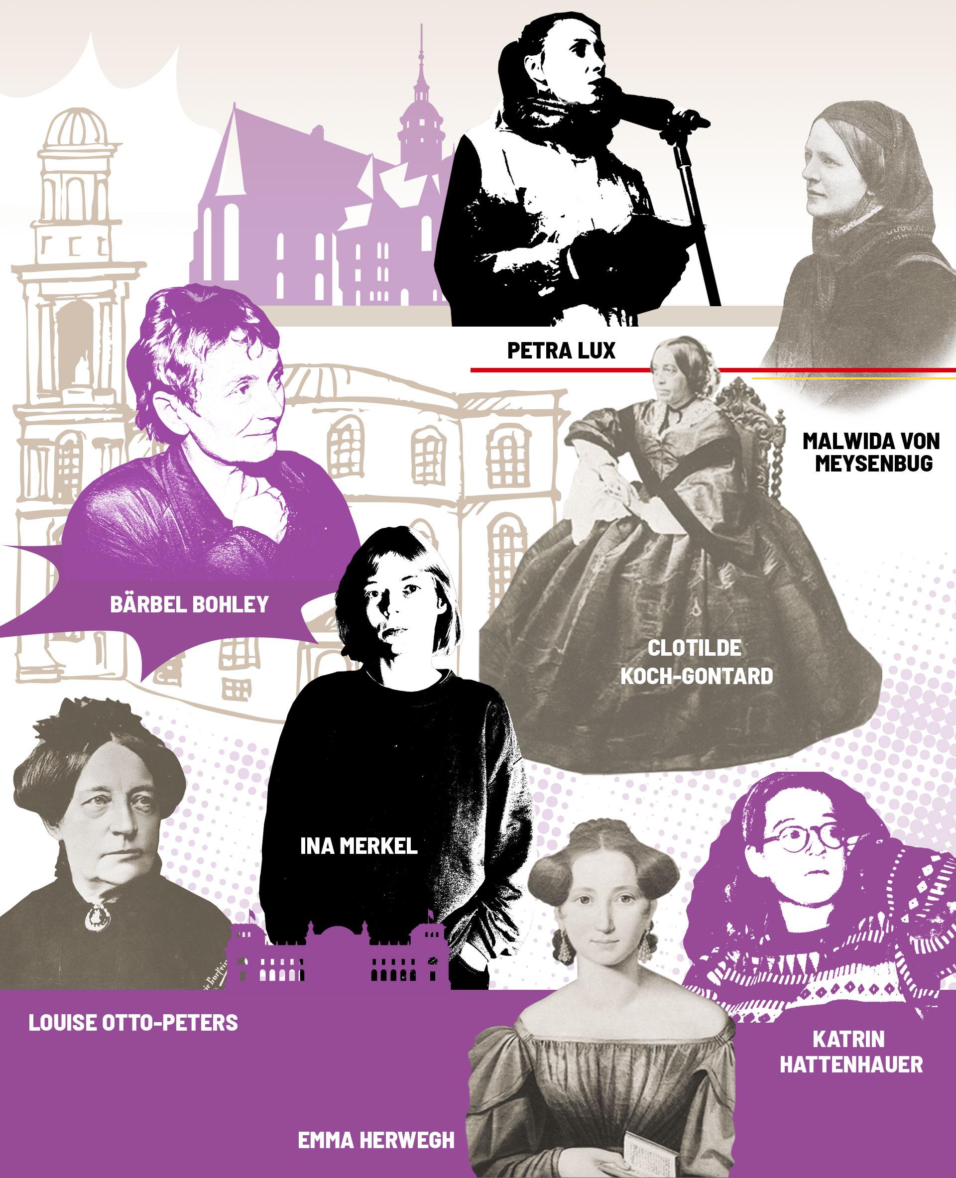 Bildcollage mit Porträts von acht bedeutenden Frauen aus Frauenbewegung und Bürgerrechtsgeschichte – Bärbel Bohley, Petra Lux, Malwida von Meysenbug, Clotilde Koch-Gontard, Louise Otto-Peters, Ina Merkel, Emma Herwegh und Katrin Hattenhauer – vor gezeichneten Stadt- und Gebäudemotiven in Beige und Lila, teils farblich hinterlegt oder in Schwarz-Weiß, mit Namen in weißen Großbuchstaben eingeblendet.