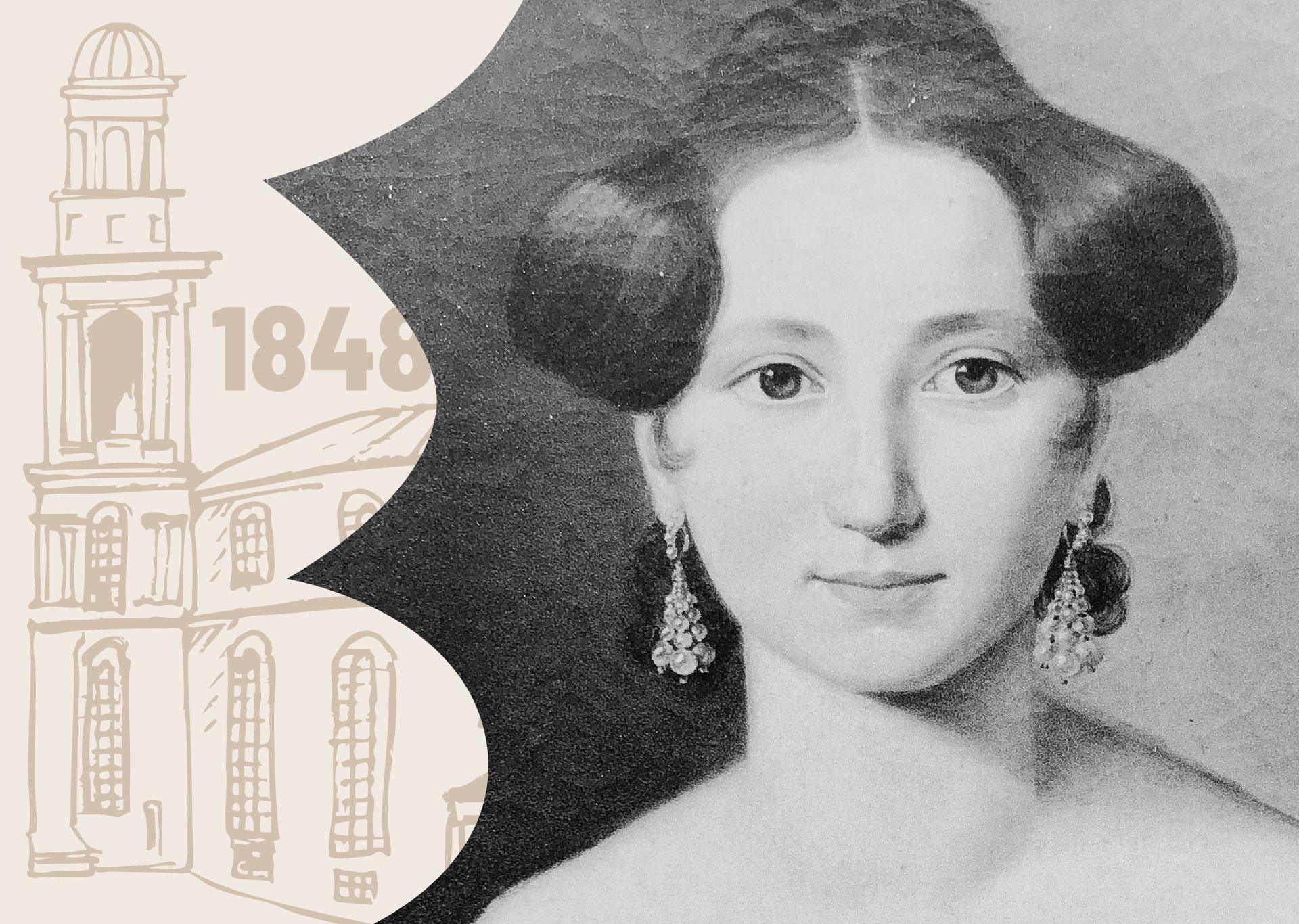 Porträt von Emma Herwegh mit hochgestecktem Haar und Ohrringen, links Zeichnung der Frankfurter Paulskirche mit der Zahl 1848.