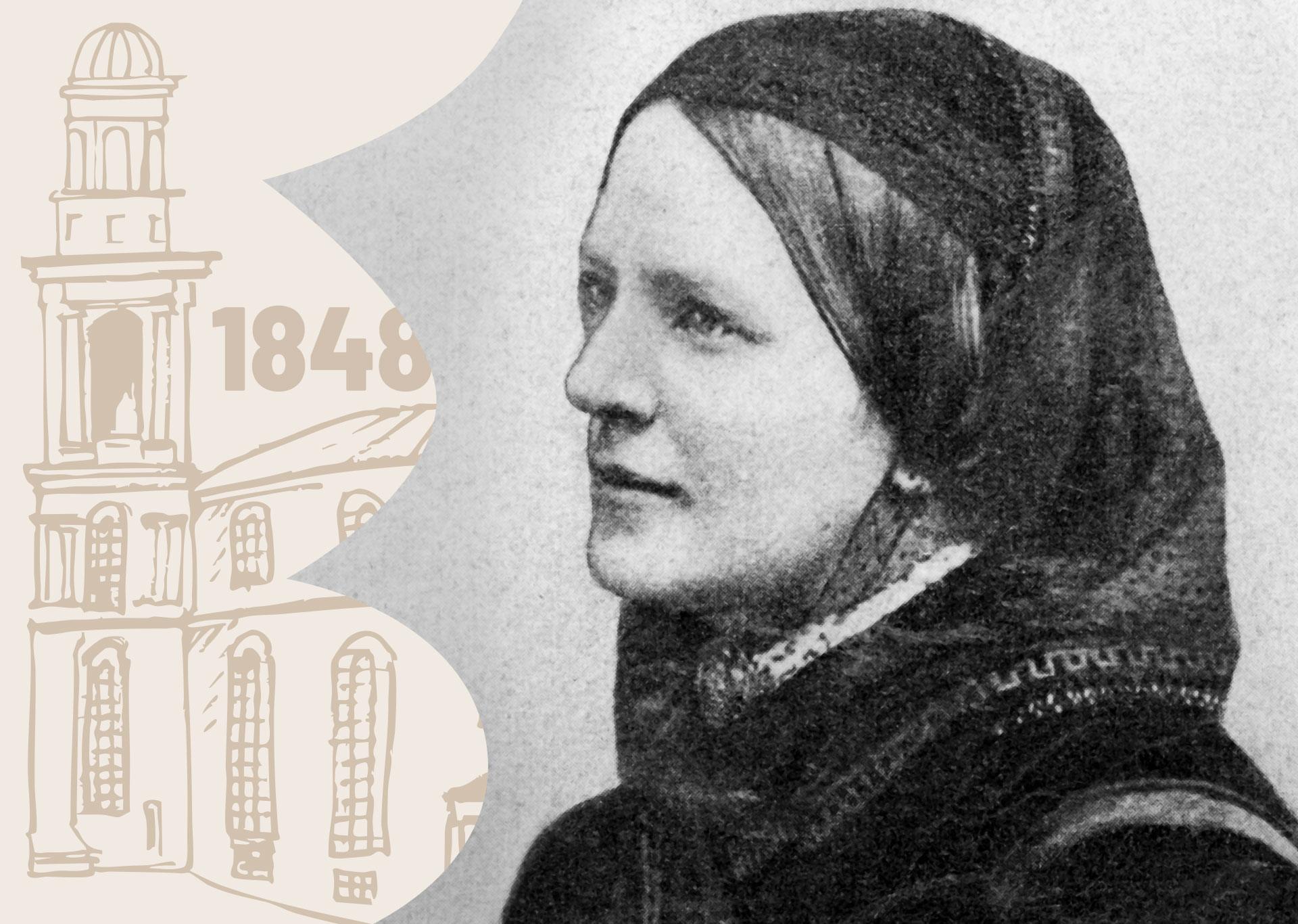 Porträt von Malwida von Meysenbug mit schwarzem Tuch auf dem Hinterkopf im Profil, links Zeichnung der Frankfurter Paulskirche mit der Zahl 1848.