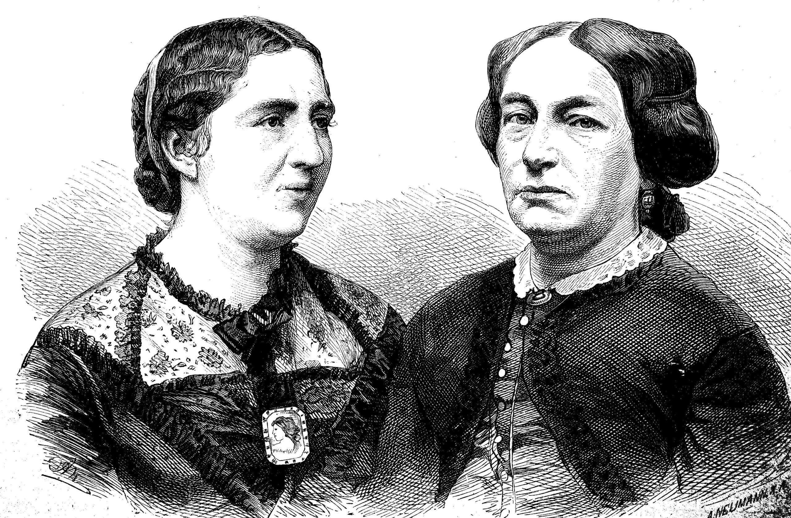 Schwarz-weiße Illustration von Louise Otto-Peters (rechts) und Auguste Schmidt (links) in zeitgenössischer Kleidung des 19. Jahrhunderts.