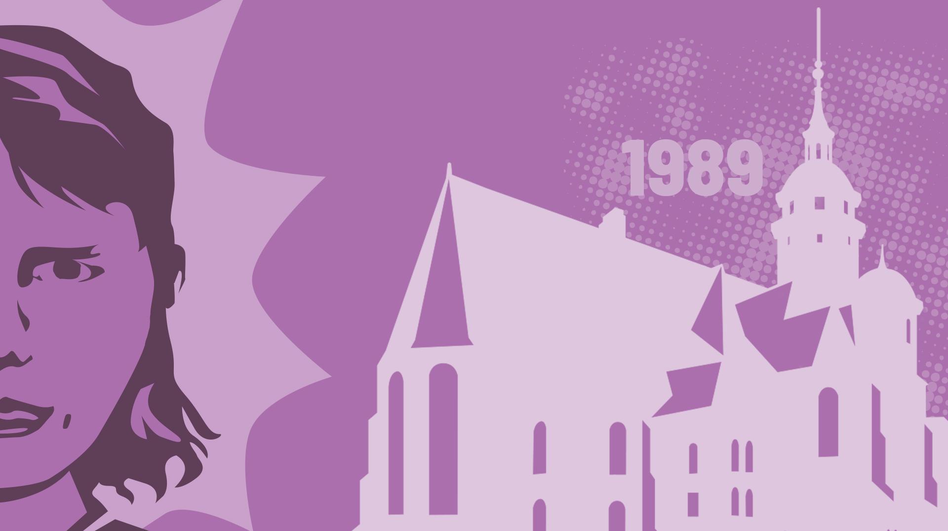 Lila Grafik mit stilisiertem Porträt einer Frau links, angedeuteter Kirchenfassade der Nikolaikirche in Leipzig rechts und der Zahl 1989