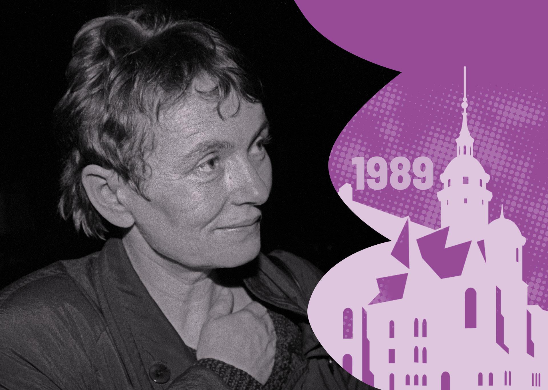 Porträtfoto von Bärbel Bohley im Profil, daneben lilafarbene Grafik der Nikolaikirche Leipzig mit der Zahl 1989.