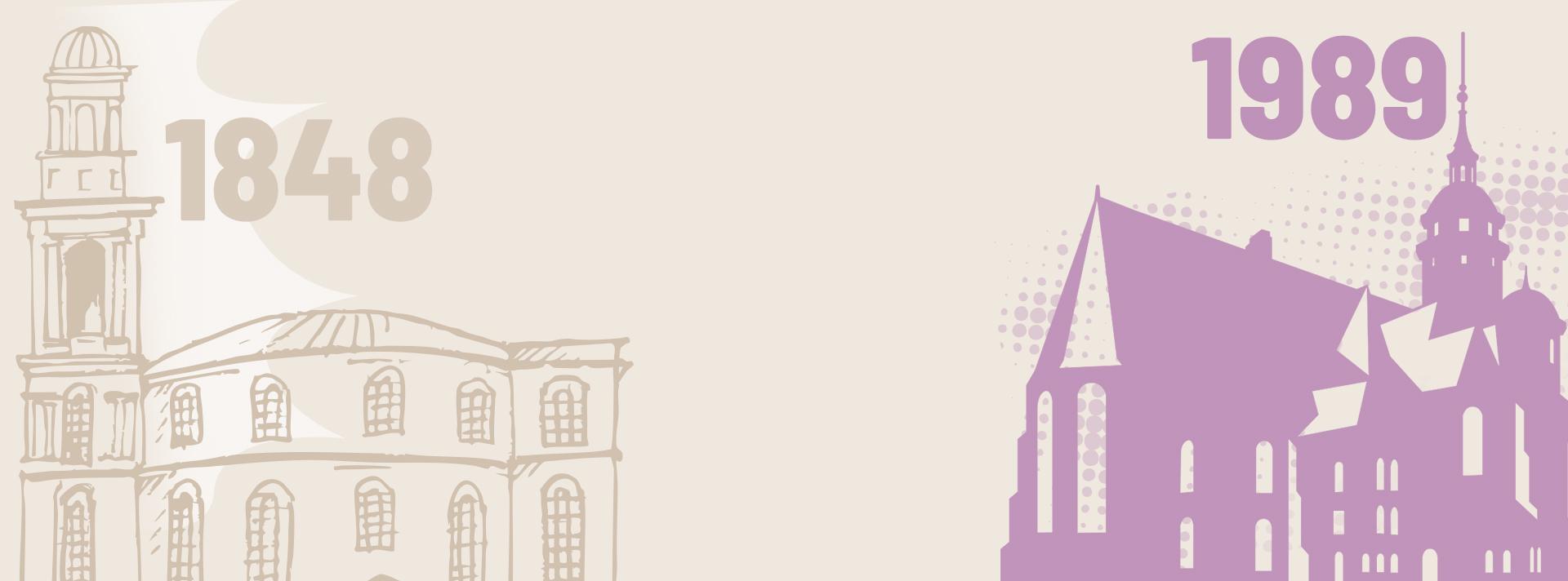Grafik mit beigefarbener Grundfläche, links gezeichnete Fassade der Paulskirche in Frankfurt am Main und Zahl 1848, rechts lilafarbene Fassade der Nikolaikirche in Leiptzig mit Zahl 1989.