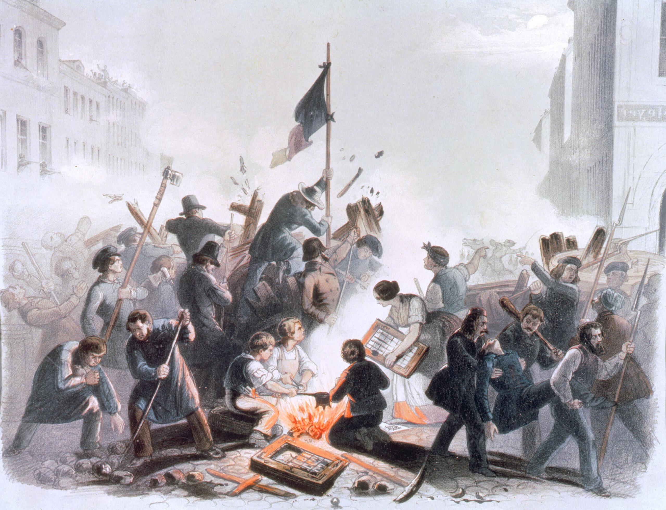 Revolution 1848 in Berlin / Nordmann Revolution 1848/49: Strassenkaempfe in Berlin am 18./19. Maerz 1848. - "Die Barricade an der Kronen- und Friedrichstrasse am 18. Maerz von einem Augenzeugen". - (Aus der Bleiverglasung von Fenstern werden Kugeln gegossen). Farblithographie, Berlin 1848, von F.C.Nordmann.