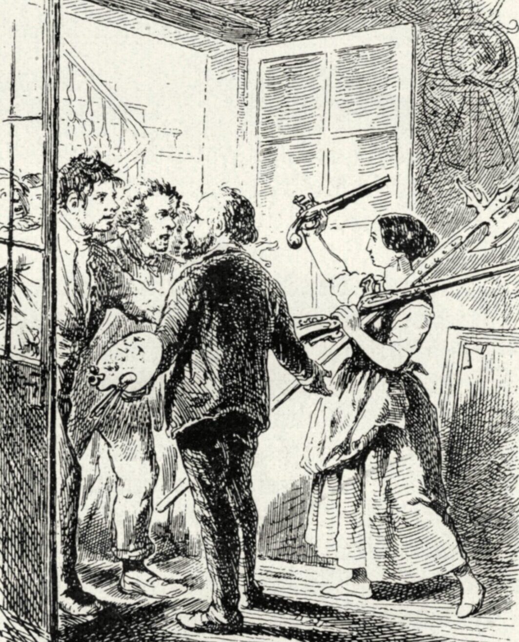 Schwarz-weiß Zeichnung einer Szene aus der Revolution 1848/49: Es ist ein Selbstbildnis des Künstlers, der die Revolutionäre mit Waffen unterstützt. Federlithographie von Theodor Hosemann.